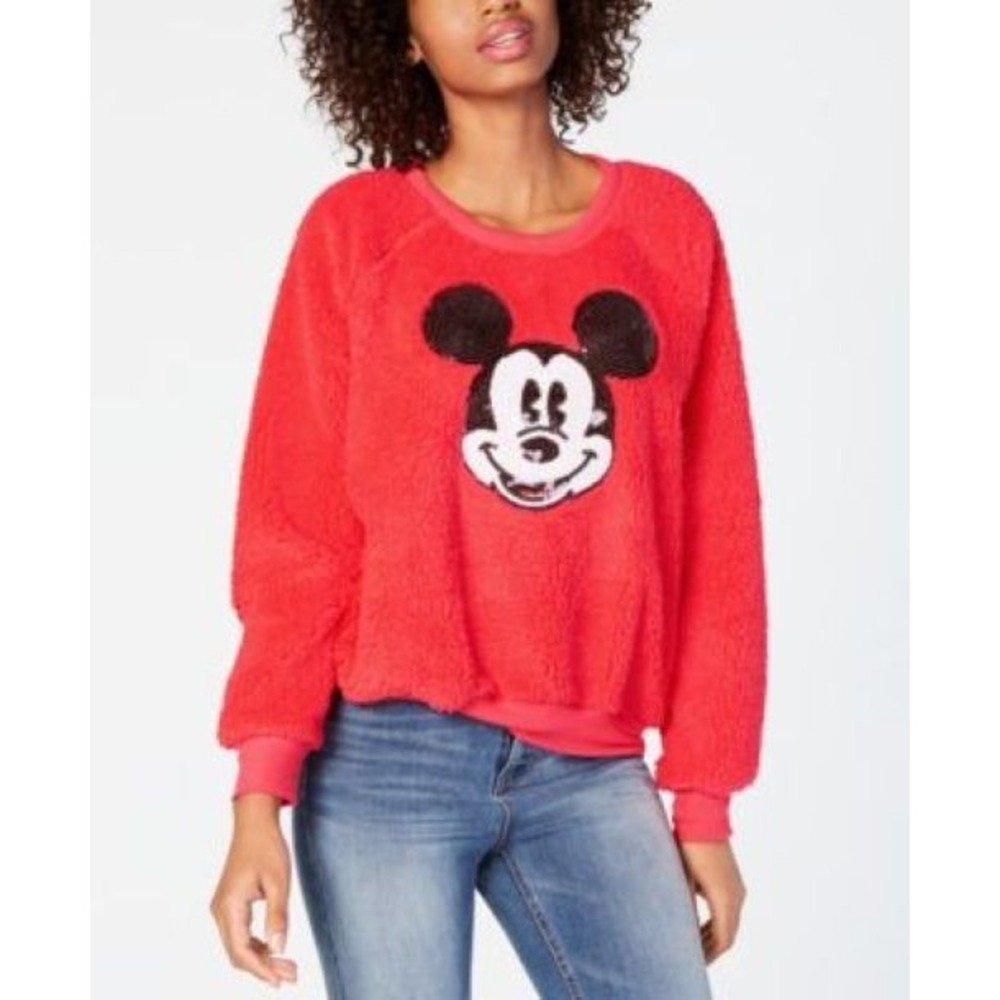 Disney Mickey Mouse Modern Lux Jerry Leigh Plush Sequin Red‎ Sweater L Nostalgic
